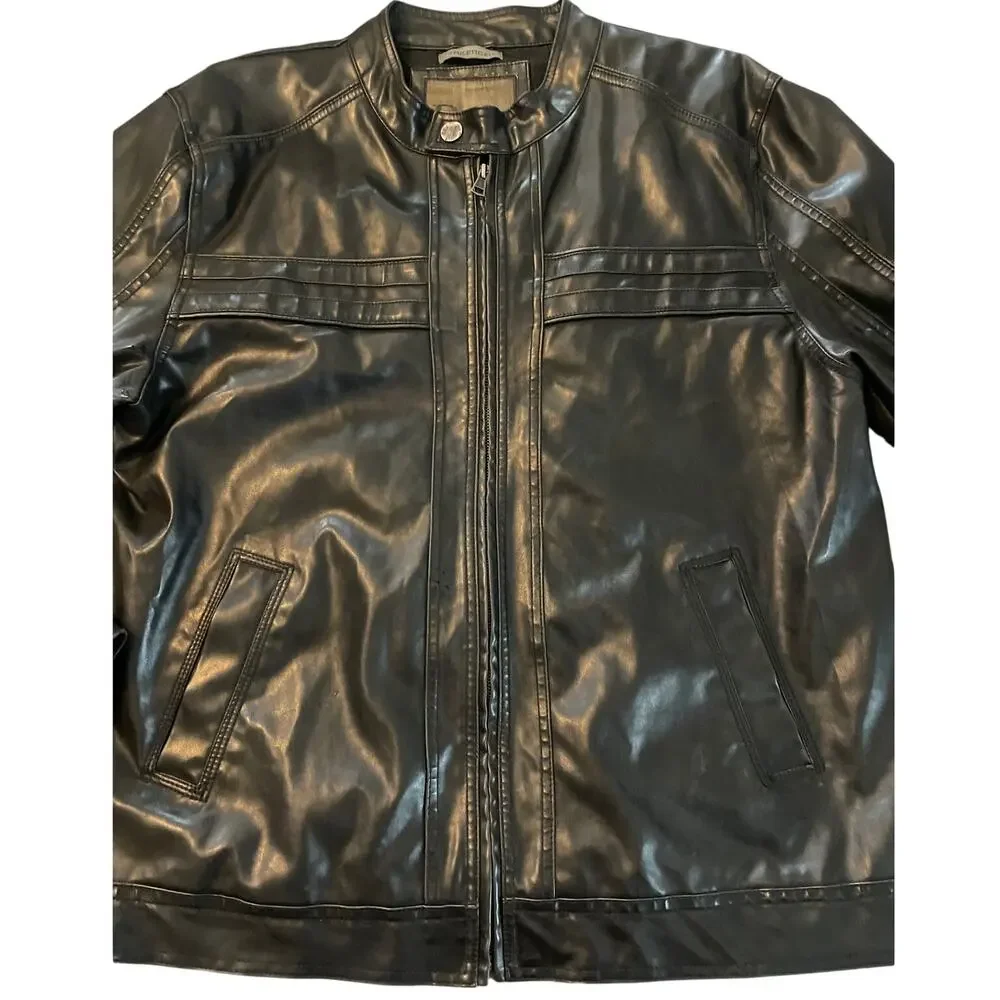 BKE Mens Vtg Quality Faux Leather DK Brown LS Moto Jacket Band Collar Zip XL